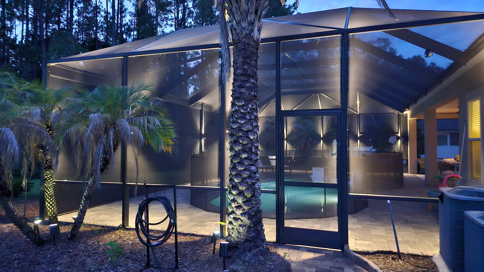 A palm against the lit enclosure, shot tall